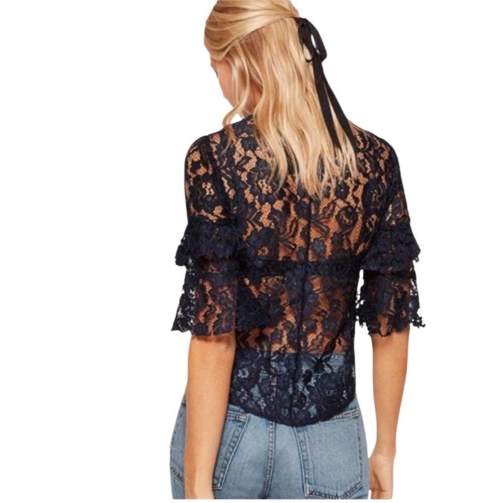 Reformation Marie Sheer Lace Ruffle Sleeve Crewneck Blue Size Small NWT - Picture 5 of 6